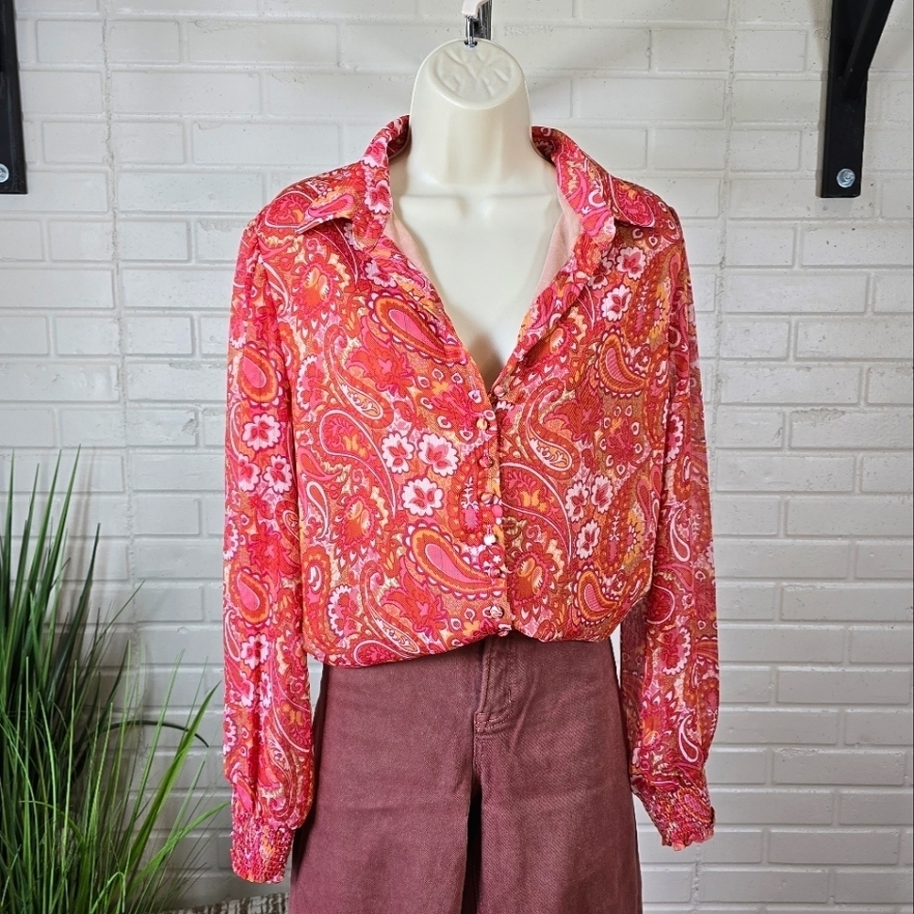 Vintage Vogue Paisley Pink Chiffon Long Sleeve Button Up Blouse Size Medium
